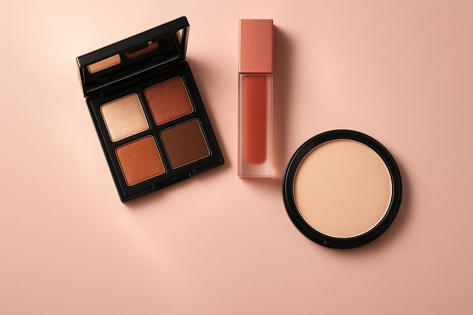 Professional beauty product flat lay with eyeshadow palette, lip tint, and pressed powder against a soft pink background